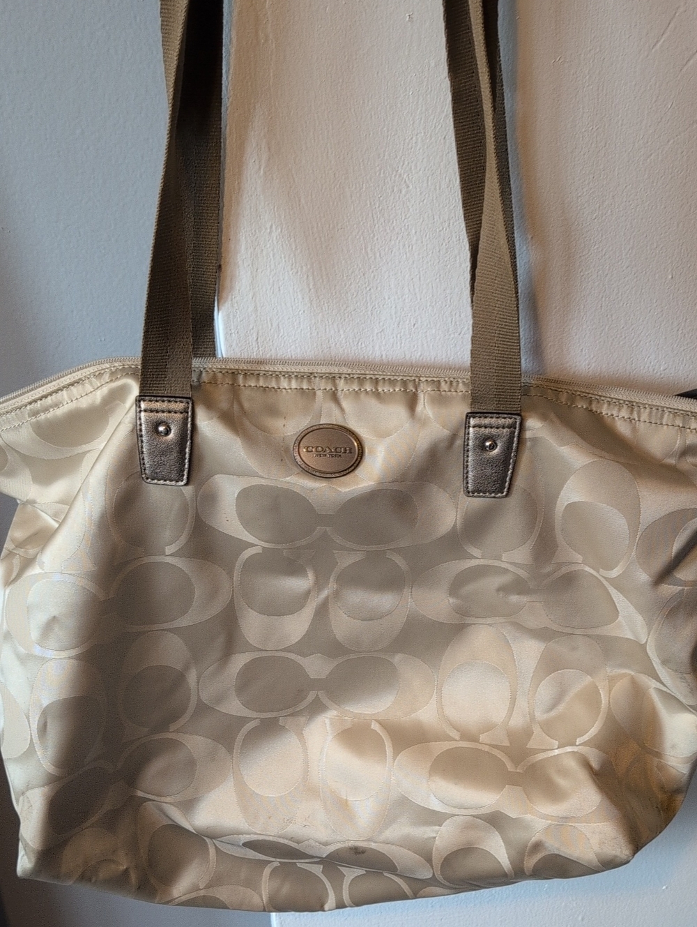 Coach Satin Signature Tote in Champagne Beige